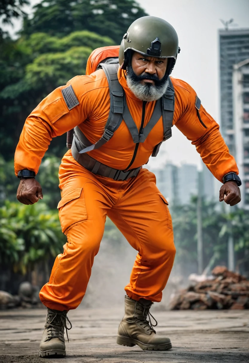 (a dark-skinned bearded muscular chubby old man in orange pilot suit) and wearing army boots, wearing gray army helmet on his head, imposing stature, muscular physique, toned muscles, fighting stance, Basuki Abdullah, sumatraism, action, a character portrait, heroic, fierce, intense