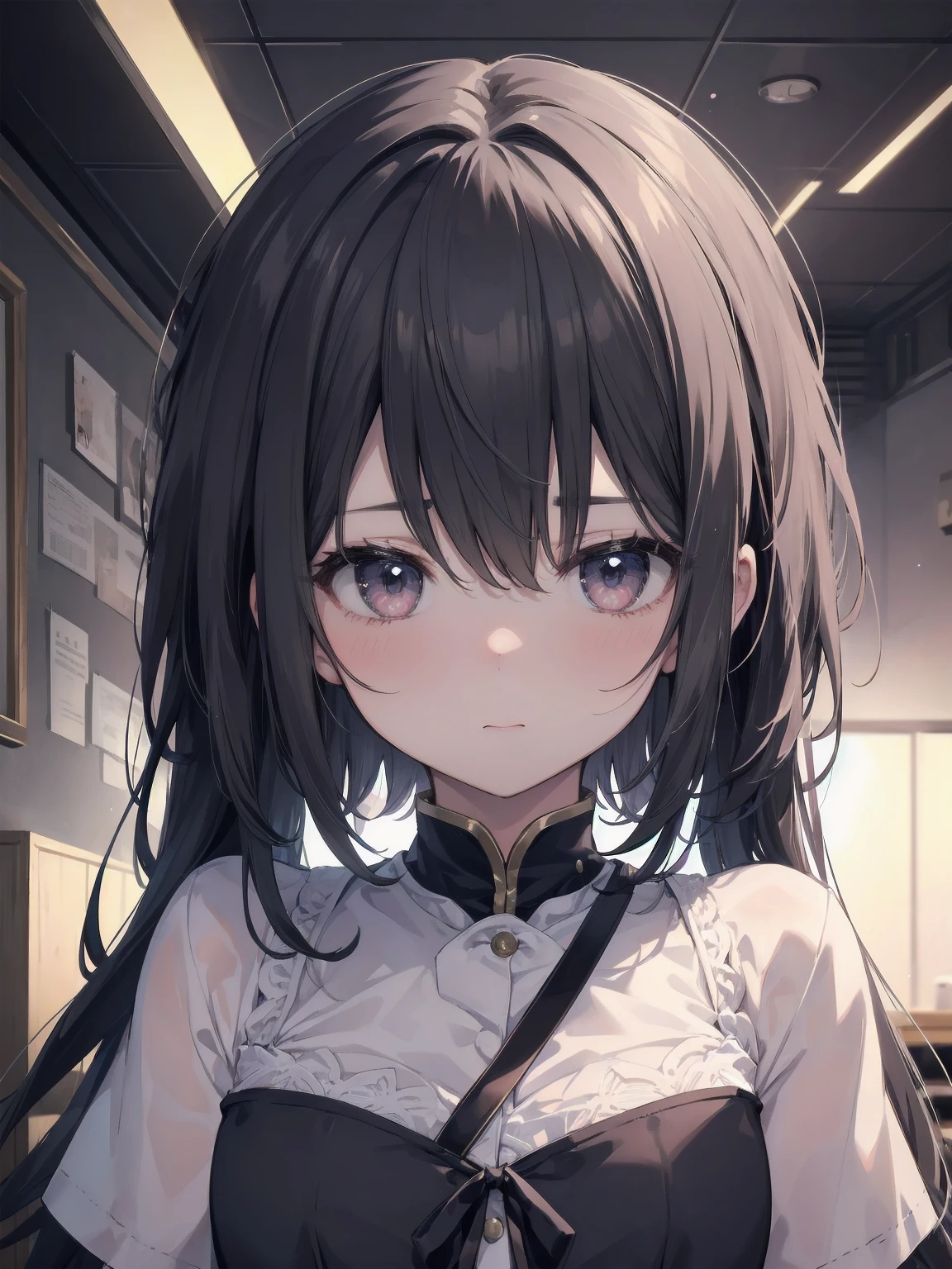 Masterpiece、Cinematic、Highest quality、Super detailed、Detailed clothing、Clear Face、Detailed face、Detailed skin、1人のgirl、14 years old、girl、、、Embarrassing、blush、Looking down、Loose wearing、A dark room、Blackout、Cute Pozu