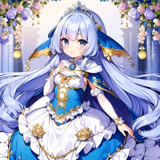 looking at viewer,(kawaii),(best quality),(ultra detailed),(rococo style),(long train blue cape:1.15), very long cape,(long train white ball gown with flower decorations:1.1), a girl is wearing a cape over her gown, 1 little princess, tiara, smile, very long hair, small breasts, beautiful detailed eyes, beautiful detailed lips