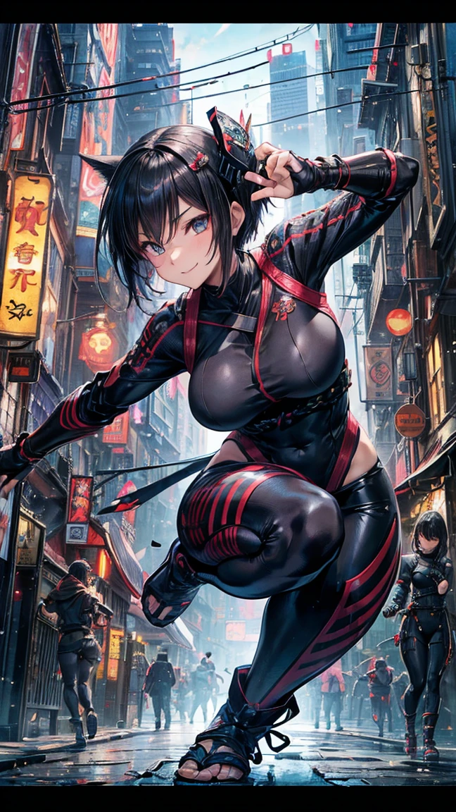 (1 female ninja,Age 35Pub,guild)),(smile),Dynamic pose,Dynamic Angle,Pose for a photo,From below,Elderly woman、Trading Card Game Frames、Highest Rare、Five Fingers、Signature mark、Big Butt、Black 、Fighting Pose、Ninja costume、Full Body Suit、kunai、Japanese style cyberpunk、A ninja running through a modern city、Short Hair、Fox Mask