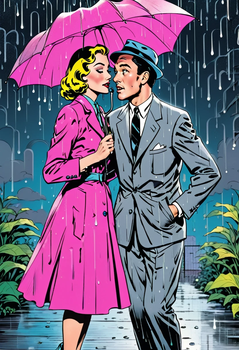 Gene Kelly, 1950s, classic musical film, Singin' in the Rain, beautifully detailed eyes, beautifully detailed lips, highly detailed face and eyes, long eyelashes, grey suit and hat, ((Dancing in the Rain:2.0)), vibrant colors, cinematic lighting, film grain, 8k, best quality, masterpiece