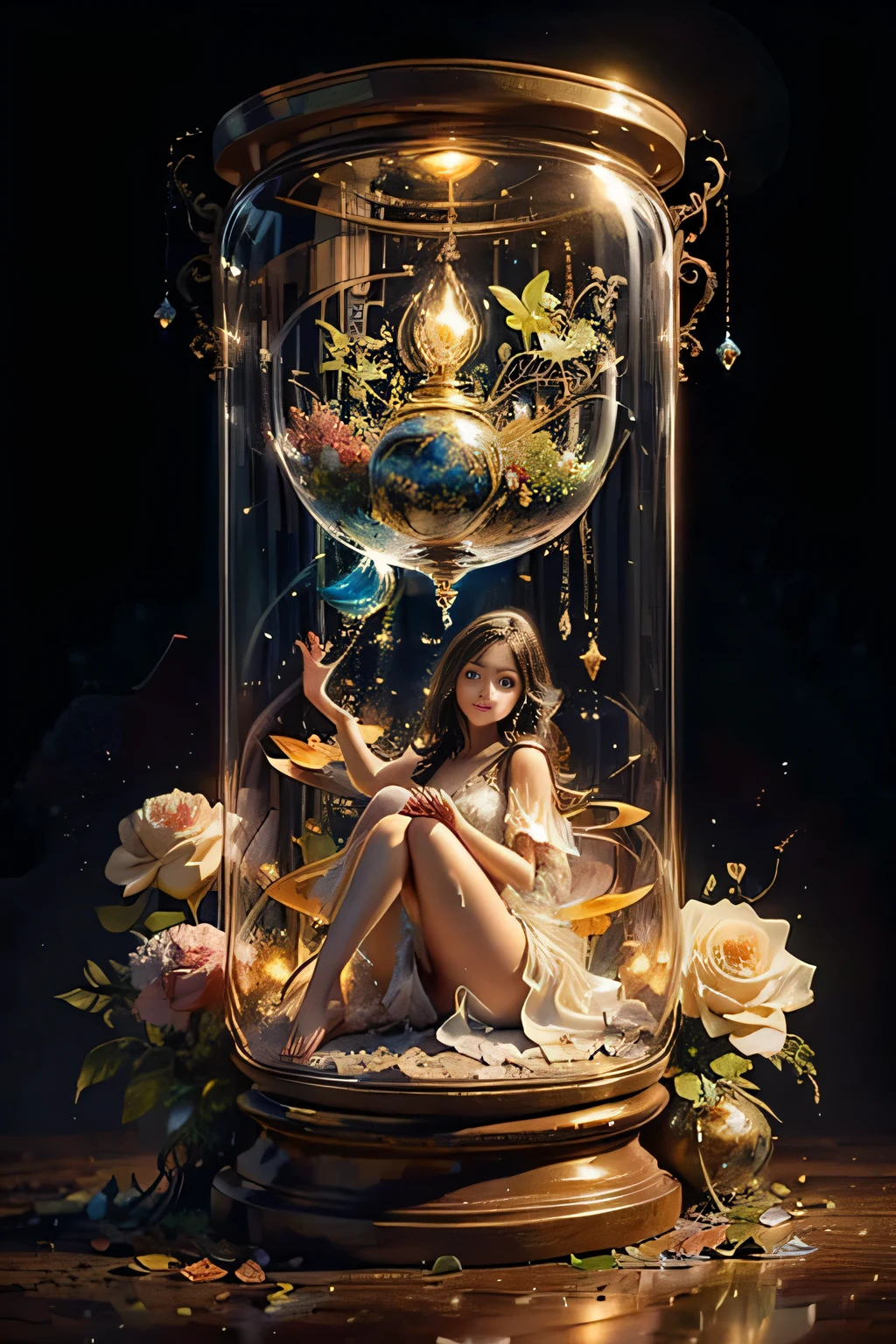 (masterpiece), best quality, expressive eyes, perfect face, huge hourglass, antique hourglass, floating antique clock, beautiful girl inside the hourglass, beautiful Latin girl behind the clock glass, floating antique clock, lamp , lantern, dark night sky, cloudy sky, rain clouds with lightning, beautiful girl looking up, long black hair, dark, high resolution, 8k, beautiful latin girl face, cool beauty, transparent white silk dress, style beauty, bright fog. Paint water splashes. Magic spell. Baroque elements, intricate oil paintings, swirling bubbles and fountains, full body, extremely detailed (Fractal Art: 1.3), colorful, more detailed, slight smile, sitting on stool with legs spread, view of pubic hair, 1 sexy girl in clothes transparent, small breasts exposed, transparent open t-shirt, tattoos of mandalas and flowers, best quality, black and brown hair merged in water, naked girl, beautiful visible pubic area, small breasts in sight, perfect hair, perfect full lips, body delicate and perfect, digital painting, intricately detailed eyes looking up, girl looking up, metallic colors and enamel, fine art, finely drawn hands; magical garden, metallic roses, autumn leaves, metallic colors and enamel, meditation, girl in a state of meditation, rain, wlop style art, Latin girl with tanned skin, shiny brown skin, bare feet stepping on garden grass, scene inside glass hourglass, floating antique clocks, impressionist art,