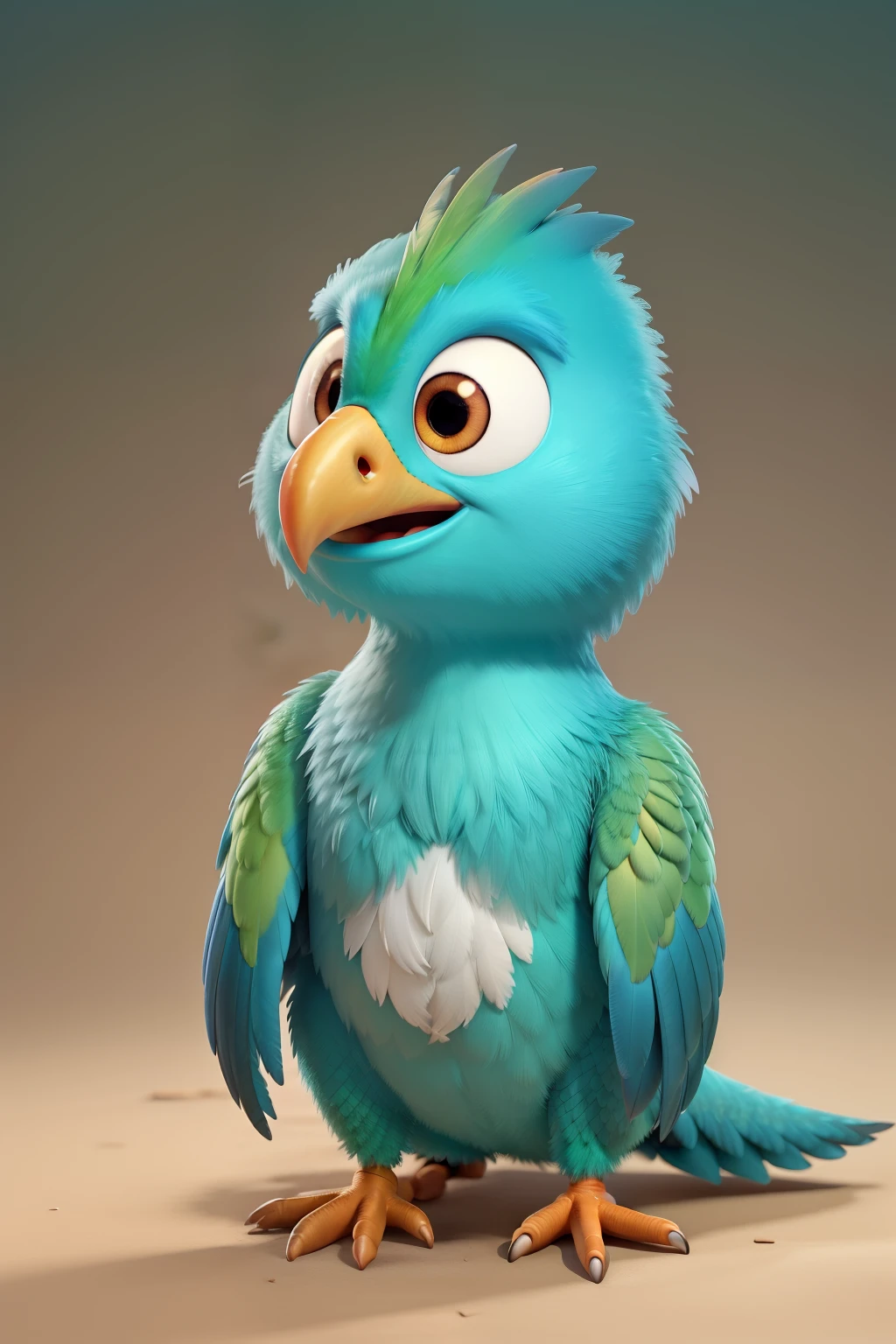 Quetzal bird with round head and disheveled dark green color, small beak, red breast and long tail feathers,  on a single tone animated pixar background