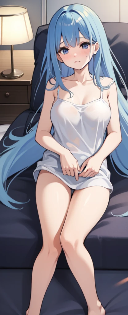 ((Highest quality)), ((masterpiece)), (detailed), futon、morning、Waking up、On the bed、camisole、Embarrassed face、naked、