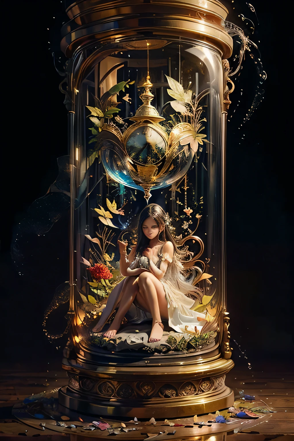 (masterpiece), best quality, expressive eyes, perfect face, huge hourglass, antique hourglass, floating antique clock, beautiful girl inside the hourglass, beautiful Latin girl behind the clock glass, floating antique clock, lamp , lantern, dark night sky, cloudy sky, rain clouds with lightning, beautiful girl looking up, long black hair, dark, high resolution, 8k, beautiful latin girl face, cool beauty, transparent white silk dress, style beauty, bright fog. Paint water splashes. Magic spell. Baroque elements, intricate oil paintings, swirling bubbles and fountains, full body, extremely detailed (Fractal Art: 1.3), colorful, more detailed, slight smile, sitting on stool with legs spread, view of pubic hair, 1 sexy girl in clothes transparent, small breasts exposed, transparent open t-shirt, tattoos of mandalas and flowers, best quality, black and brown hair merged in water, naked girl, beautiful visible pubic area, small breasts in sight, perfect hair, perfect full lips, body delicate and perfect, digital painting, intricately detailed eyes looking up, girl looking up, metallic colors and enamel, fine art, finely drawn hands; magical garden, metallic roses, autumn leaves, metallic colors and enamel, meditation, girl in a state of meditation, rain, wlop style art, Latin girl with tanned skin, shiny brown skin, bare feet stepping on garden grass, scene inside glass hourglass, floating antique clocks, impressionist art,