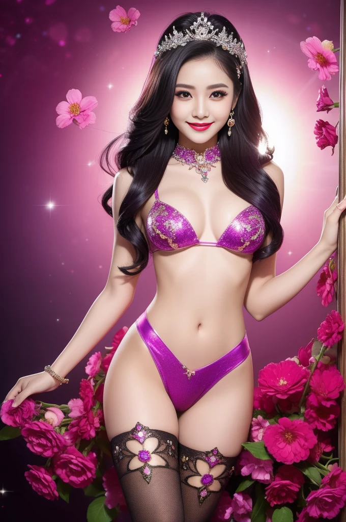 sexy Thai model who controls poison、beautiful smile、lipgloss、bold lipstick、intense makeup、look at the camera、full body Esbian、、sparkling poisoned flower costume、、、、sparkling Colorful hair、secrete poison、skull hair accessories、sexy tights、shiny sparkling flowers background