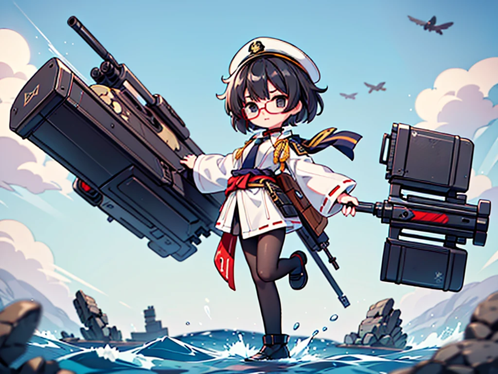 (((masterpiece, Vision))), ((((Full body of a woman with perfect flat chest、1 Female、solo、Short unkempt black hair、Tie your messy hair at the nape of your neck、white military jacket、Miko costume、black tights、Black glasses、White military cap、Cloudy black eyes、Confused eyes、Junyo-inspired emblem)))), (((Shipgirl))), ((Floating on the morning sea with both feet)), (Standing with your legs apart)), Aim, (Hold the shotgun turret grip with your right hand), (Equipped with a large caliber turret with a mechanical arm extending from the waist), (Equipped with a bridge on the back), (His left arm holds the grip of a triple machine gun), Shotgun shell in left arm, Bullet belt on thigh, Spreading the Machine&#39;s Wings, 2. Machine Tail, Naval base in the background, 
