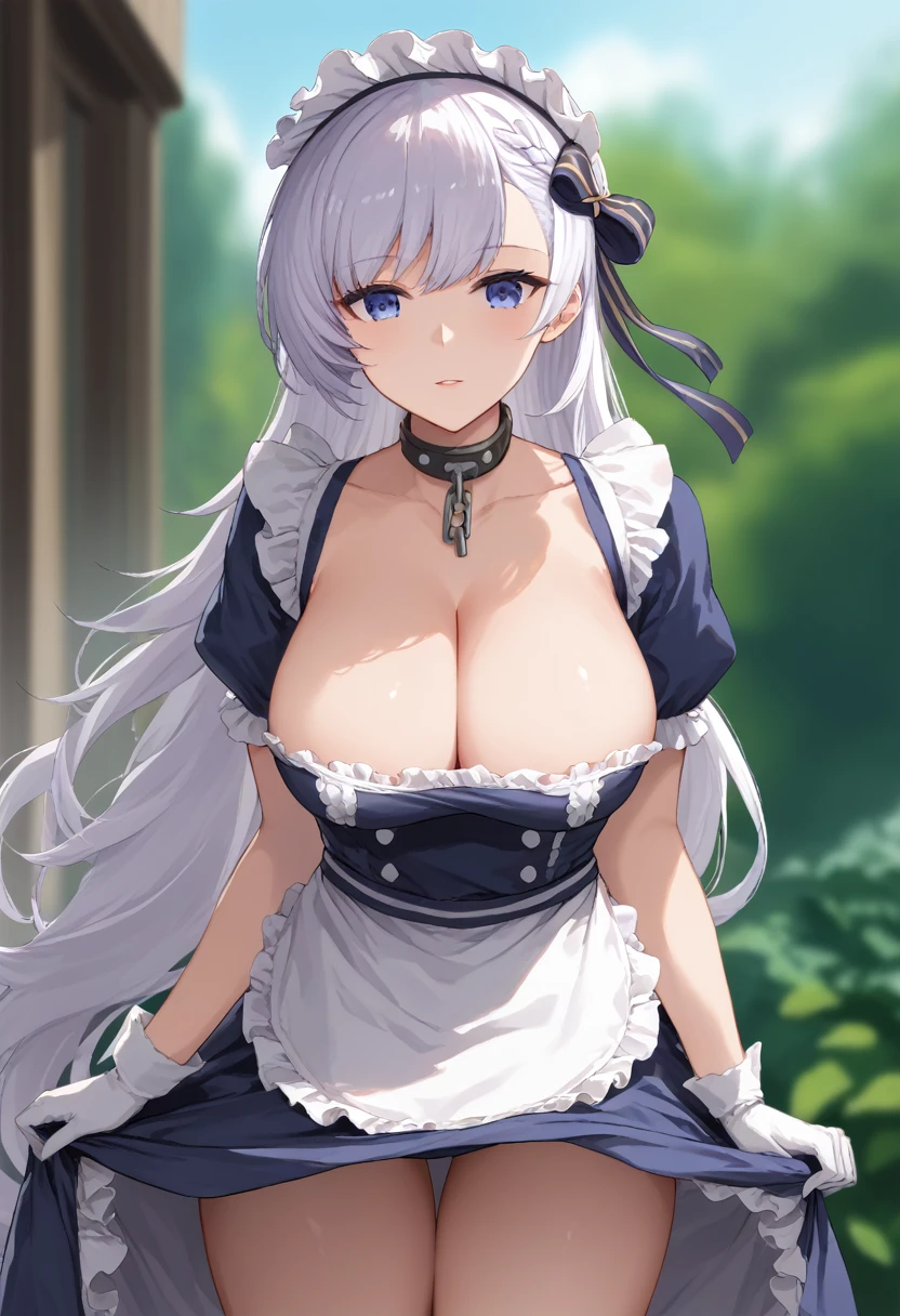 score_9,score_8_up,score_7_up,source_anime,cowboy shot,Idealized Forms,Natural Light,details background,blurry background,extremely detailed,1girl in, Solo,belfast(azue lane),very_long_hair, Large_breasts, white_hair, Bangs, cleavage, braid, Blue_Eyes, French_braid, clavicle, Purple_Eyes, chain, Collar, Dress, frilld, maid, maid_Head dress, white_gloves, white_thighs thighs thighs thighs, maid_Apron, white_Apron, frilld_Apron, greys_hair, frilld_gloves, Blue summer sky, washing, hold the sheet in your hand, look up to