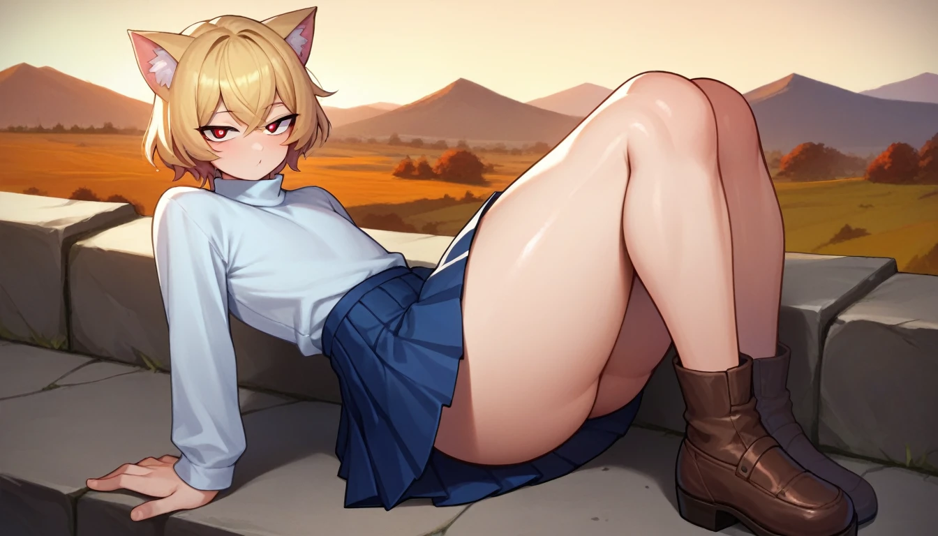 score_9, score_8_up, score_7_up, score_6_up, score_5_up, score_4_up, BREAK, 1boy, solo, necoarc, lit pupils, cat ears, blonde hair, red eyes, :3, turtleneck, blue skirt, pleated skirt, pantyhose, brown footwear, femboy, highlight thighs, landscape, looking at the viewer, thick thighs, seductive pose 