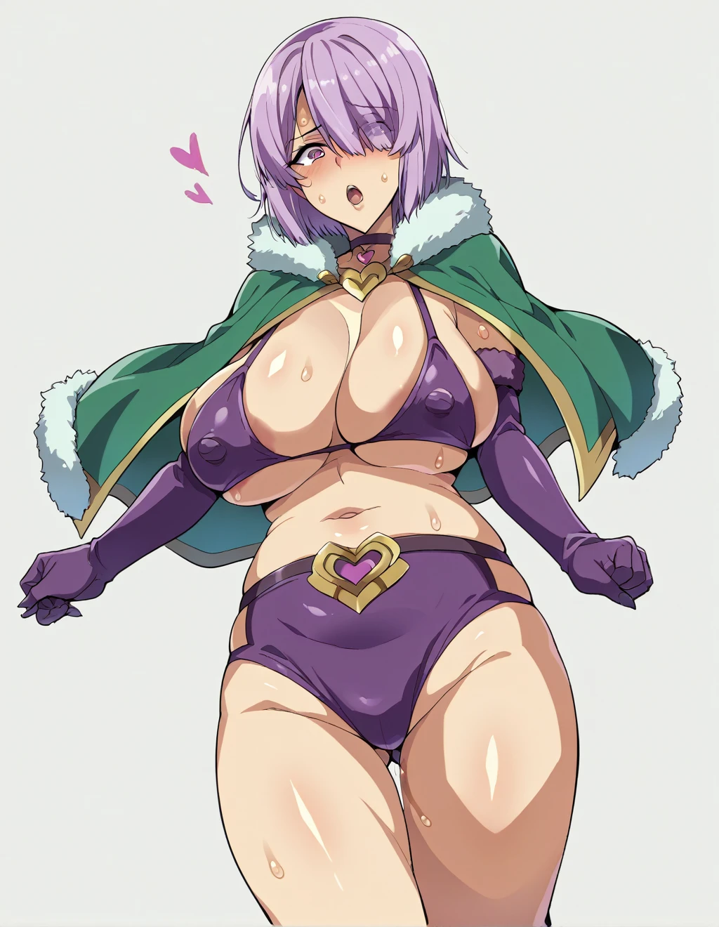 Ultra-detailed illustrations、Ultra-precise expression、masterpiece、Highest quality、ultra High resolution、High resolution、Hiromitsu Takeda Style、White background、Simple Background、One girl、solo、Mash Kyrielight、light purple hair,short hair,hair over one eyes、Purple eyes、Open your mouth、blush、Large Breasts、Big Breasts、Erect nipples、Choker of Hearts、White Breath、Sweat、Glowing Skin、shiny skin、Front angle、View your viewers、Raise one leg、(Wolf Ear、Elbow Gloves、Fur Trim グローブ、Fur Trim レッグウェア、Fur Collar、Fur Trim、O-ring、purple gloves、Purple Thigh High Socks、Purple heeled boots)、