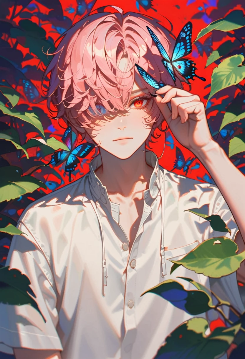 style9，boy，Cover one eye with a leaf，butterfly falls on red eyes,pink hair