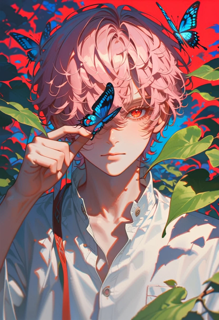 style9，boy，Cover one eye with a leaf，butterfly falls on red eyes,pink hair