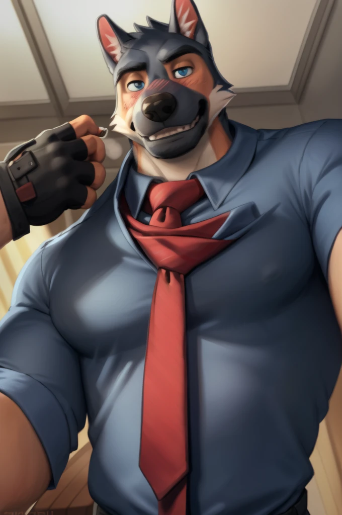 barlitz, blue eyes, (pose:1.3), (soft shading), 4k, hi res, ((detailed face, detailed)), by zackarry911, by zaush, (by personalami:0.5), looking at viewer, blush, shirt, upper body, male focus, necktie, teeth, collared shirt, fingerless gloves, sweatdrop, blue shirt, sharp teeth, breath, loose necktie, blue fur, undone necktie, neckwear grab, salaryman, necktie grab