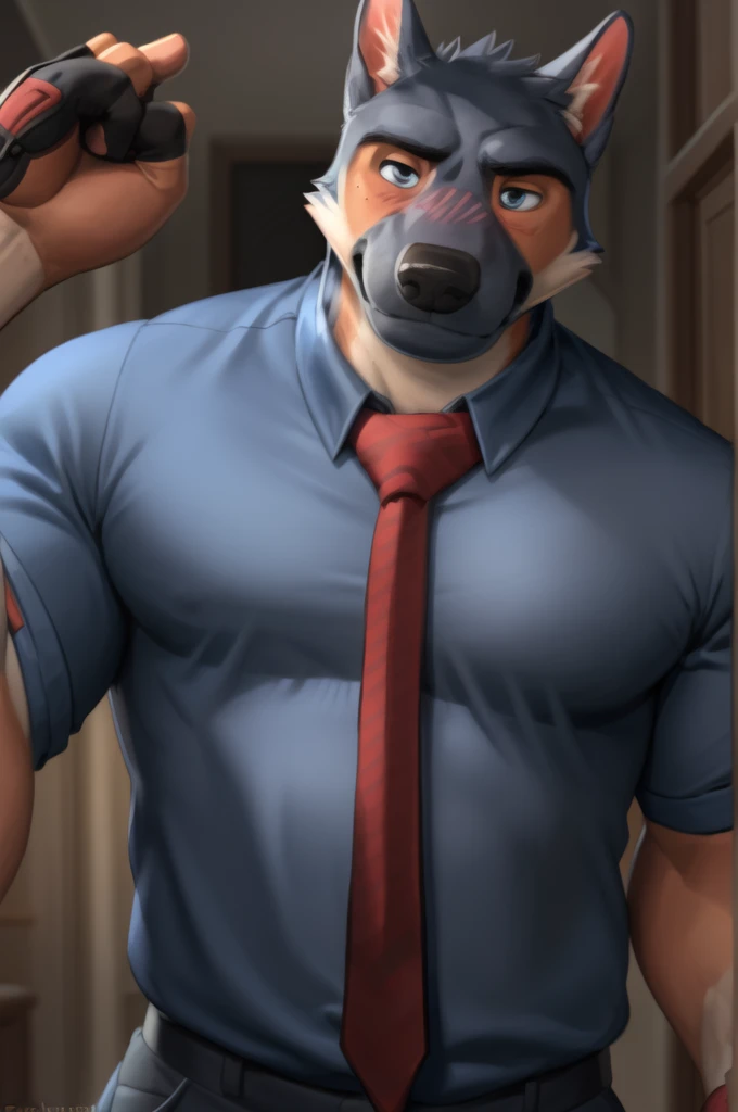 barlitz, blue eyes, (pose:1.3), (soft shading), 4k, hi res, ((detailed face, detailed)), by zackarry911, by zaush, (by personalami:0.5), looking at viewer, blush, shirt, upper body, male focus, necktie, teeth, collared shirt, fingerless gloves, sweatdrop, blue shirt, sharp teeth, breath, loose necktie, blue fur, undone necktie, neckwear grab, salaryman, necktie grab