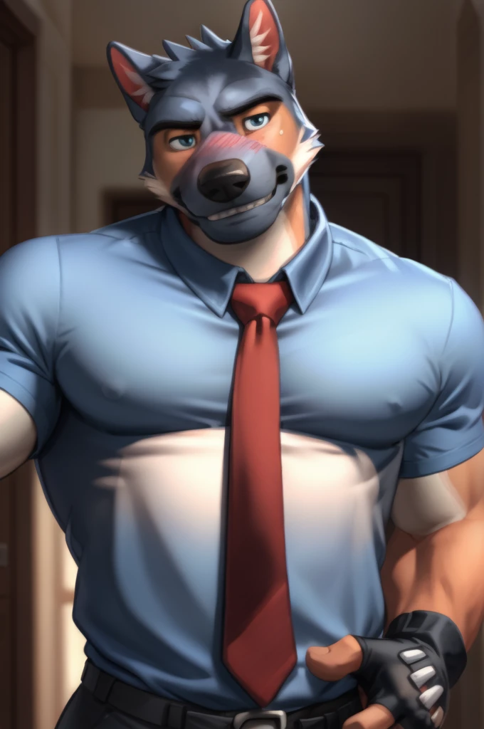 barlitz, blue eyes, (pose:1.3), (soft shading), 4k, hi res, ((detailed face, detailed)), by zackarry911, by zaush, (by personalami:0.5), looking at viewer, blush, shirt, upper body, male focus, necktie, teeth, collared shirt, fingerless gloves, sweatdrop, blue shirt, sharp teeth, breath, loose necktie, blue fur, undone necktie, neckwear grab, salaryman, necktie grab