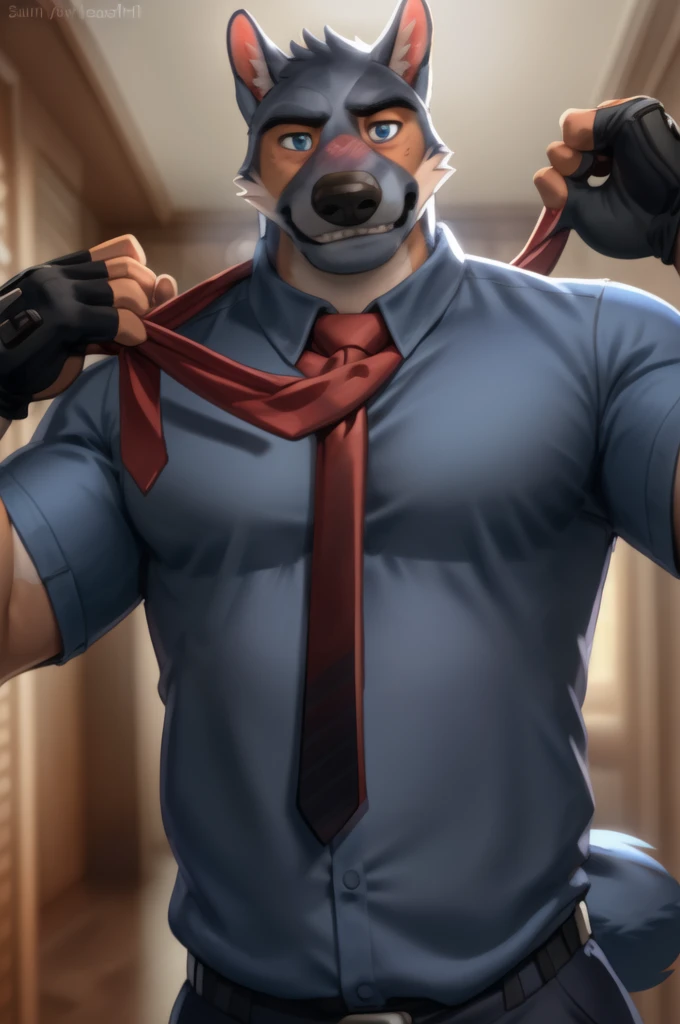 barlitz, blue eyes, (pose:1.3), (soft shading), 4k, hi res, ((detailed face, detailed)), by zackarry911, by zaush, (by personalami:0.5), looking at viewer, blush, shirt, upper body, male focus, necktie, teeth, collared shirt, fingerless gloves, sweatdrop, blue shirt, sharp teeth, breath, loose necktie, blue fur, undone necktie, neckwear grab, salaryman, necktie grab