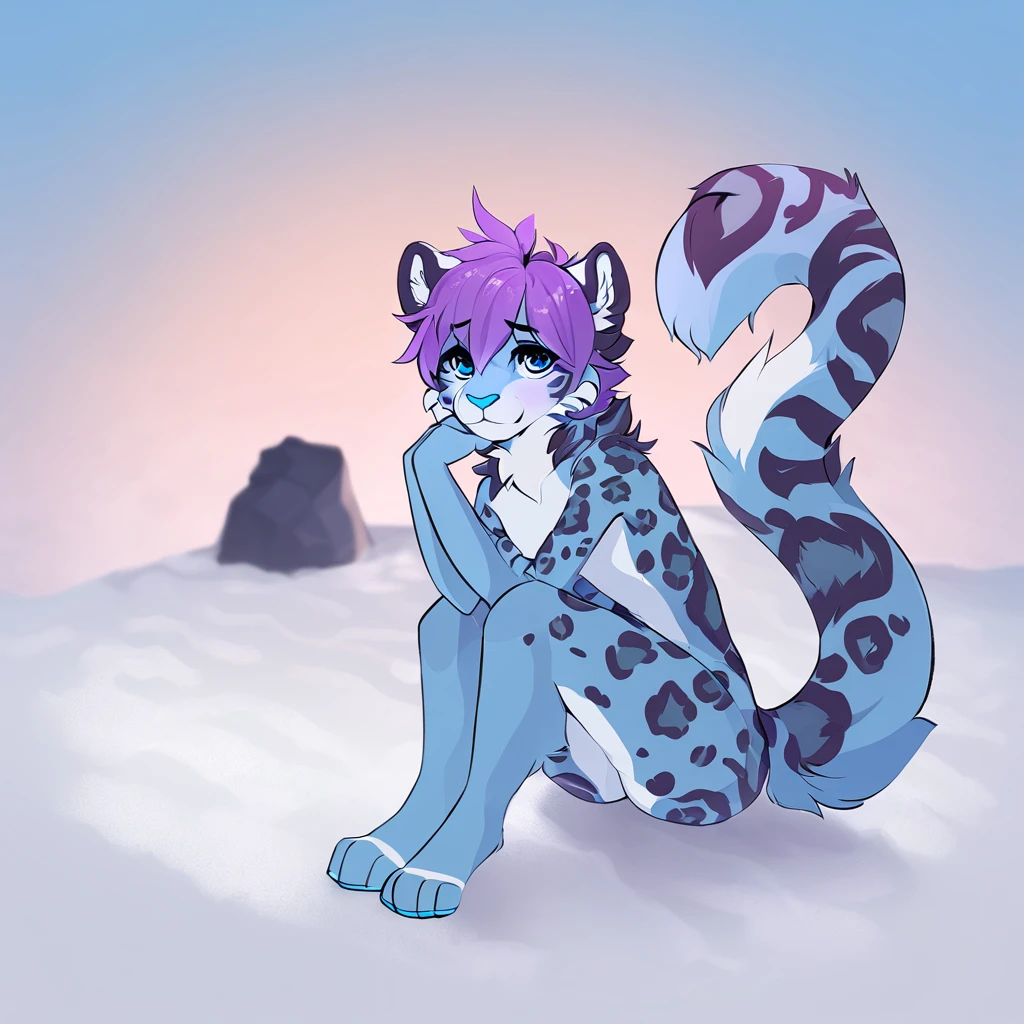 adult, feline, mammal, anthro, anthromorphic, snow, leopard, striped_feline, fur, furred_anthro, fluffy_tail. femboy, male, bangs, ear_tufts, blue_nose, blue_fingers, hair_tuft, hair_between_eyes, short_tail, fluffy, feline_ears, expressive_eyes, purple_hair, light looking_at_viewer, legs, legs_visible, thighs, blue_paws, blue_fur, shy, small_pupils, spotted_pattern, stripes, tail, tail_connected_to_body tiger_stripes, digital_art, high_resolution, high_res, head visible, neck visible, profile_picture pink_blue_background, gradient_background