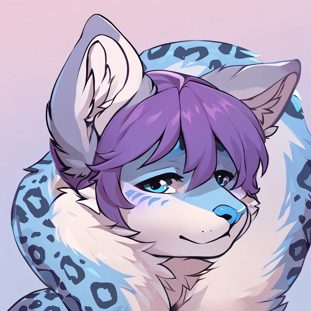 adult, feline, mammal, anthro, anthromorphic, snow, leopard, striped_feline, fur, furred_anthro, fluffy_tail. femboy, male, bangs, ear_tufts, blue_nose, blue_fingers, hair_tuft, hair_between_eyes, short_tail, fluffy, feline_ears, expressive_eyes, purple_hair, light looking_at_viewer, legs, legs_visible, thighs, blue_paws, blue_fur, shy, small_pupils, spotted_pattern, stripes, tail, tail_connected_to_body tiger_stripes, digital_art, high_resolution, high_res, head visible, neck visible, profile_picture pink_blue_background, gradient_background