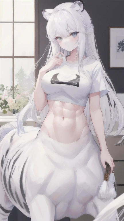 (best quality, masterpiece), 1 girl, centaur, It takes, White skin, Korean  , Abs,exposing the abdomen,belly button t-shirt, 아름다운 소녀 perfect white tiger photo, perfect white tiger photo