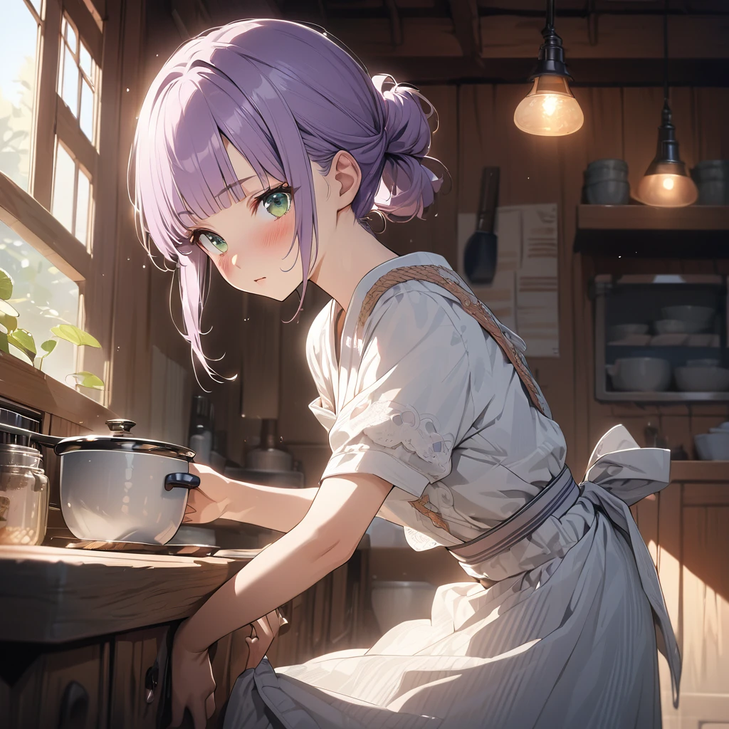 masterpiece, ultra detailed, 8K, a girl, kawaii, light atmosphere, (Cute a tsundere girl:1.5), anime visual, (tilt head:1.3), extremely delicate face, realistic lighting and shading, (an extremely delicate and beautiful art:1.3), a girl,blush,
from side, cowboy shot, pale purple hair, blunt bangs hair, green eyes, In the kitchen of a Taisho-style Western-style house, a woman is wearing a navy blue tsumugi kimono, a cooking apron, her hair tied back, and serving rice, look at viewer,