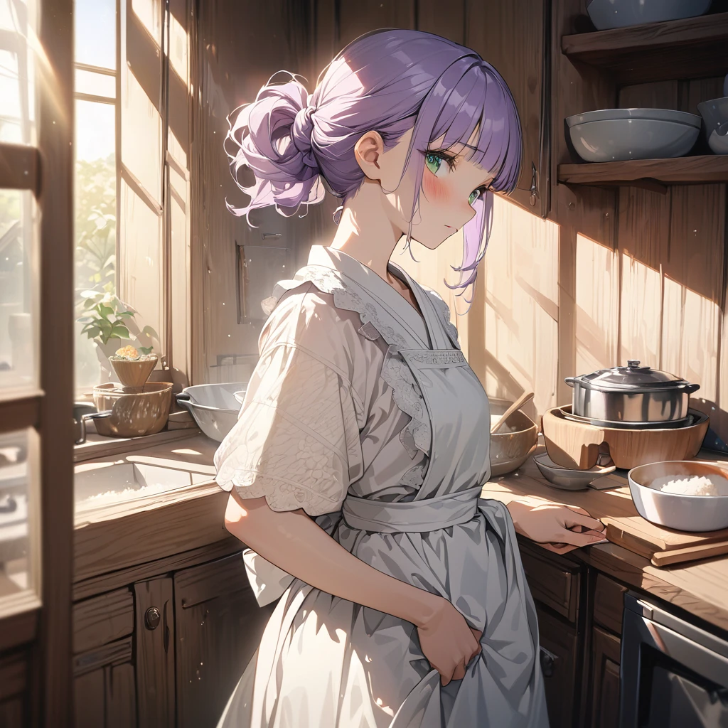 masterpiece, ultra detailed, 8K, a girl, kawaii, light atmosphere, (Cute a tsundere girl:1.5), anime visual, (tilt head:1.3), extremely delicate face, realistic lighting and shading, (an extremely delicate and beautiful art:1.3), a girl,blush,
from side, cowboy shot, pale purple hair, blunt bangs hair, green eyes, In the kitchen of a Taisho-style Western-style house, a woman is wearing a navy blue tsumugi kimono, a cooking apron, her hair tied back, and serving rice, look at viewer,