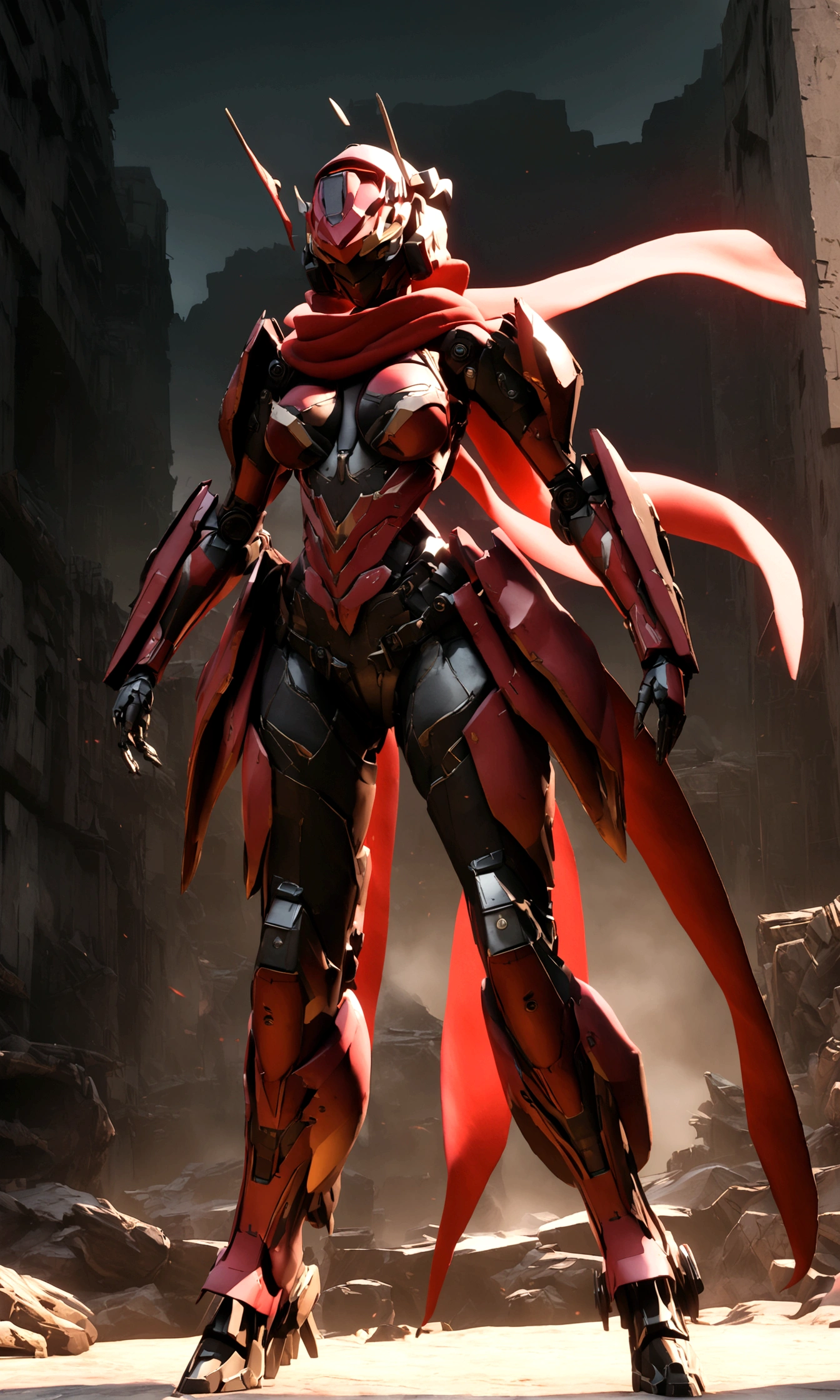 (Female Ninja Cruel Mech: 1.3, Full Body opened Mech, Heavy AWP on Back, DSLR, Light Tracing, 3D, Concept Art, Action Painting, Film Lighting, Chiaroscuro) :(1.3). Highlighting the curve of the chest, the long white ponytail hair looks graceful and attractive. Masterpiece-like 8K resolution, (Murderous Death and Fear): 0.5, long red scarf fluttering in the wind, war-torn city as a backdrop.