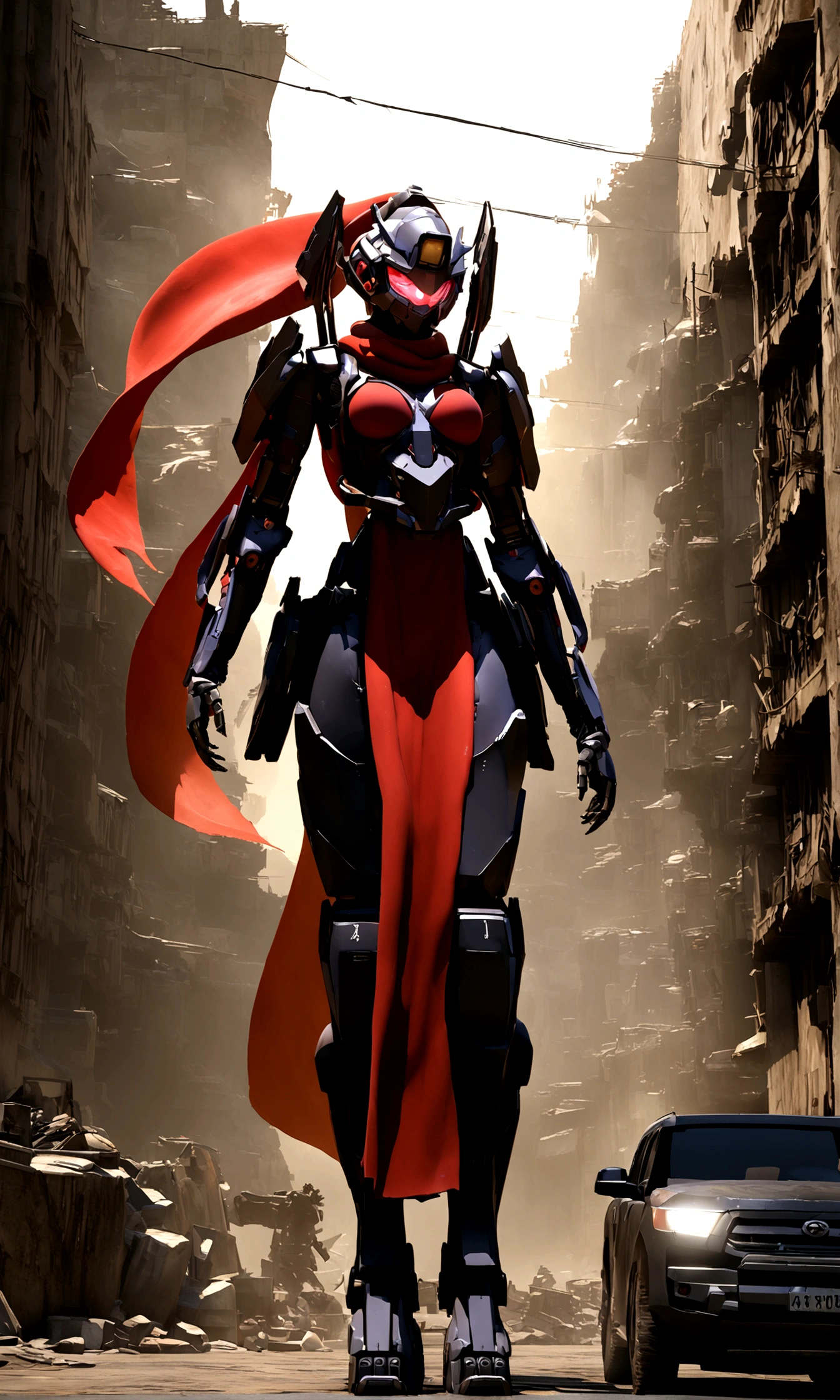 (Female Ninja Cruel Mech: 1.3, Full Body opened Mech, Heavy AWP on Back, DSLR, Light Tracing, 3D, Concept Art, Action Painting, Film Lighting, Chiaroscuro) :(1.3). Highlighting the curve of the chest, the long white ponytail hair looks graceful and attractive. Masterpiece-like 8K resolution, (Murderous Death and Fear): 0.5, long red scarf fluttering in the wind, war-torn city as a backdrop. 