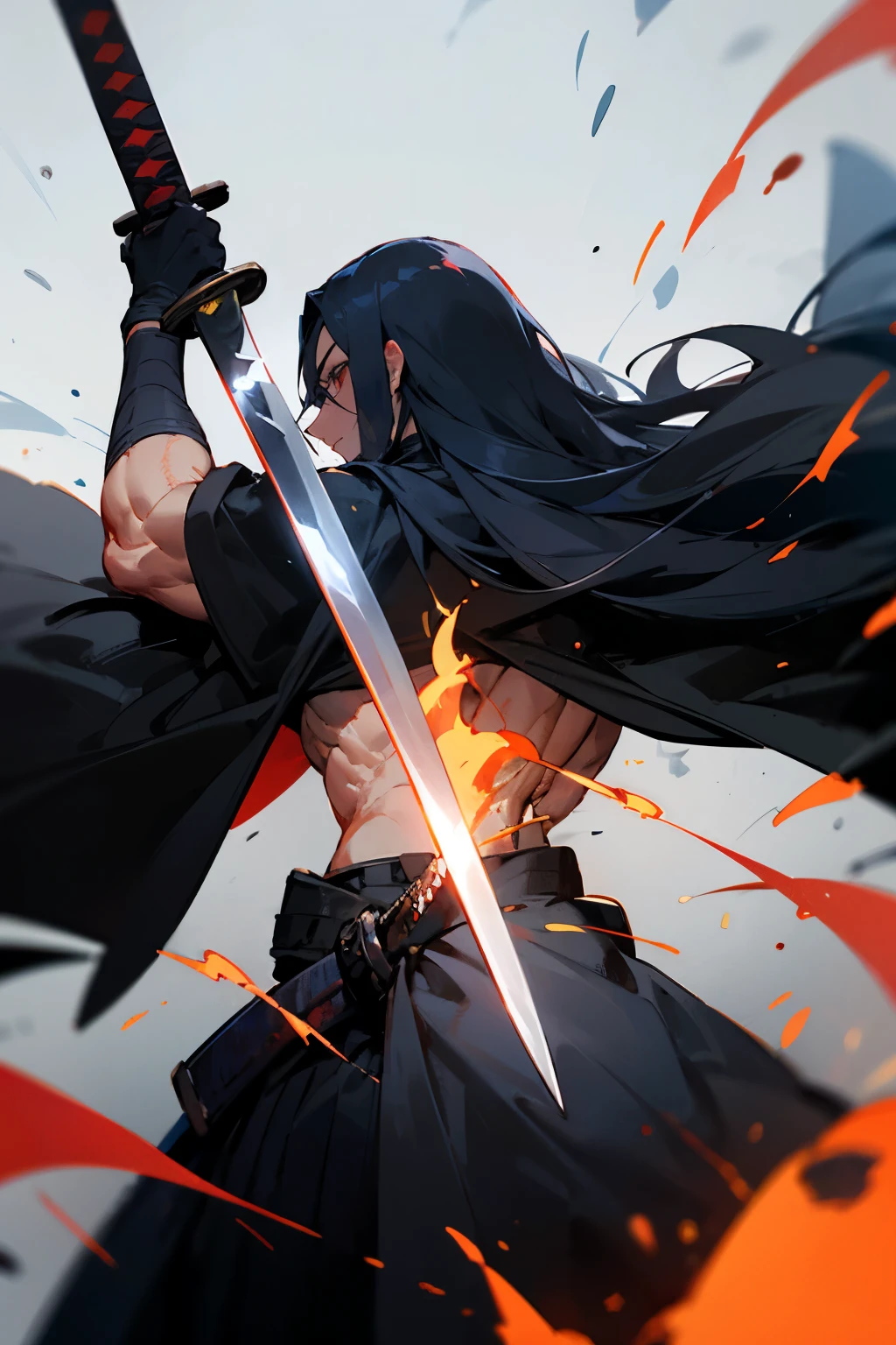 Create a character with long hair, from the back with a large black cape A katana on fire Eyes coming out of rays Black clothing with red stripes A scar on the arm A somewhat muscular body Acting like a swordsman