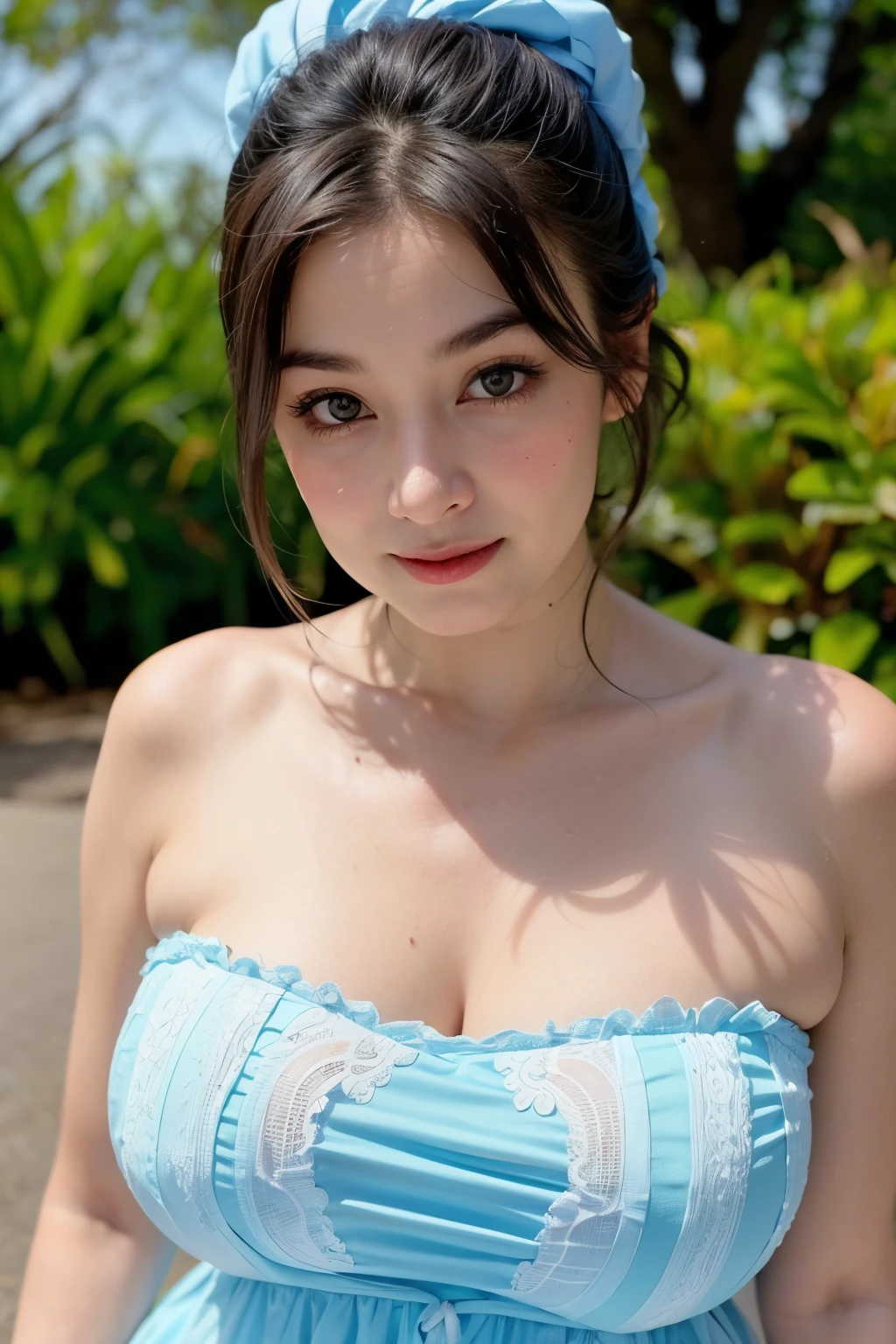 (Old Lady:1.7), Transparent transparency, (Light Blue Chubby Strapless Dress), adorable, 1 girl, (face to face), 10 years old, baby face, happy, half body portrait, (face details: 1), (eye details:1), ((big breasts)). wearing transparent transparency long shirt, .. Cute posed. proportional body. Ultra High Res. realistic: 1.4, UHD, poke a bun Hairstyle , lace 