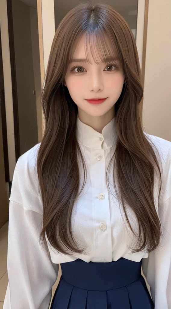 (Detailed skin:1.2),(Shiny skin:1.1),8K,Highest quality, masterpiece, Ultra-high resolution,(Realistic:1.4), RAW Photos,(Soft saturation:1.3),(Fair skin:1.2),Japanese Idols,repair,20 years, Light brown hair, (Long Hairstyles:1.2), Asymmetrical Hair, Asymmetrical bangs (Pretty face:1.4), (Big Breasts, Tight waist), Beautiful lighting, Small Head, (uniform:1.2,),Highly detailed face, Highly detailed lips, fine grain, double eyelid,(Full Body Shot), Browsing Caution, (Sharp focus: 1.2), (Perfect Anatomy、Beautiful woman with perfect figure: 1.2)、Random sexy poses,Accentuate the lines of your legs、smile