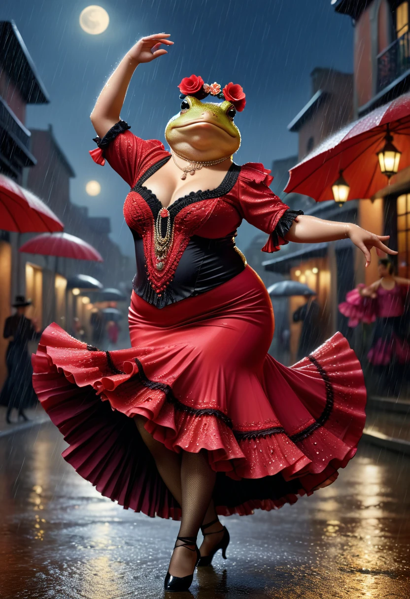 photorealistic portrait of Dressed animals - a ((fat)) toad flamenco dancer,(heavy rain makes her all wet:1.5) ,(flamenco dancing pose:1.5),( swinging arms up:1.5),high quality,(lovely) ,intricate details, highly detailed ((flamenco costume)) ,highly detailed dress, highly detailed decorations of dress, (moody),rainy street background, moon lighting,(full body image:1.5)