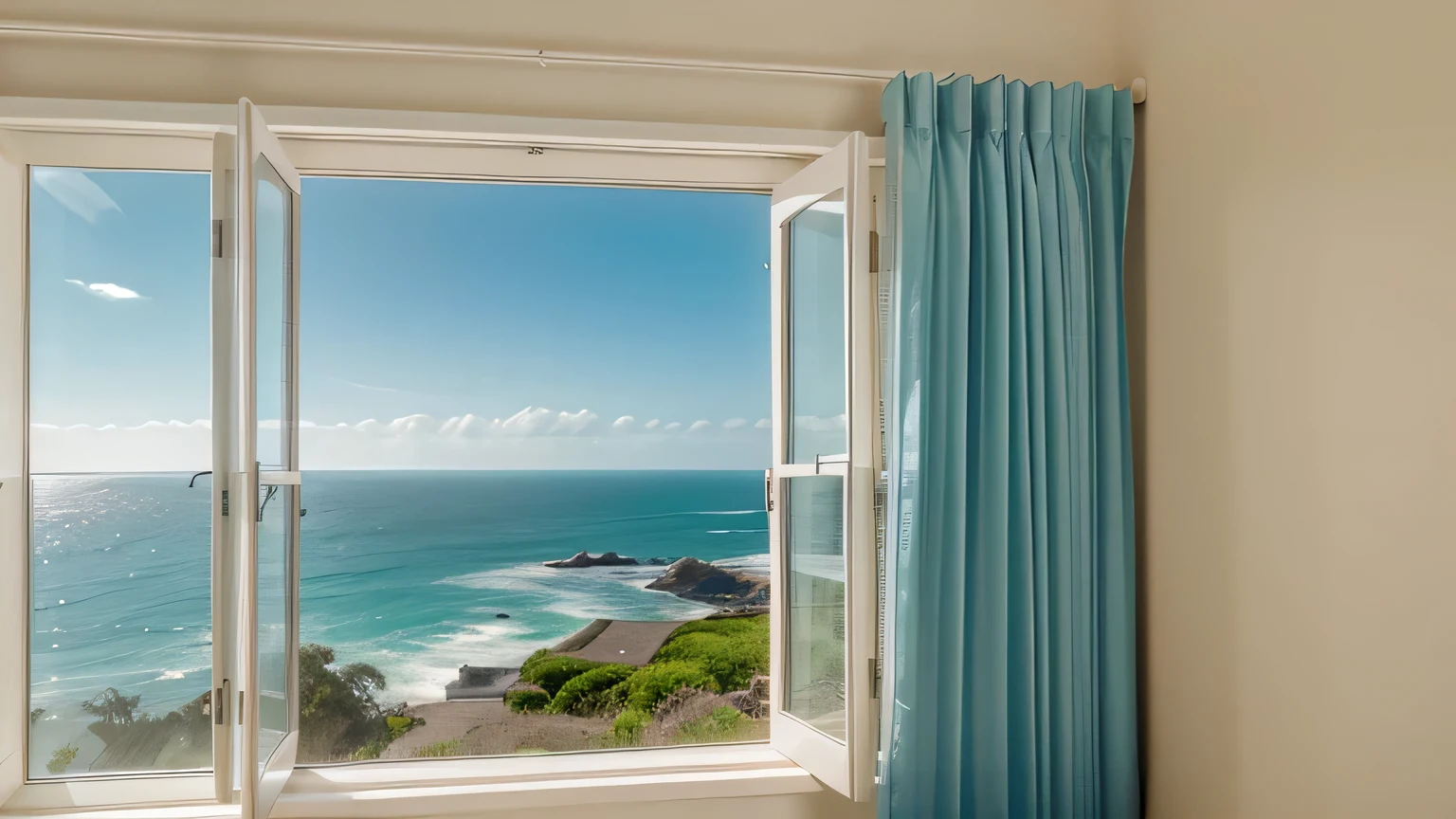 A close up of a wall with a large window floaty curtains either side and a view of the ocean clearly visible through the window