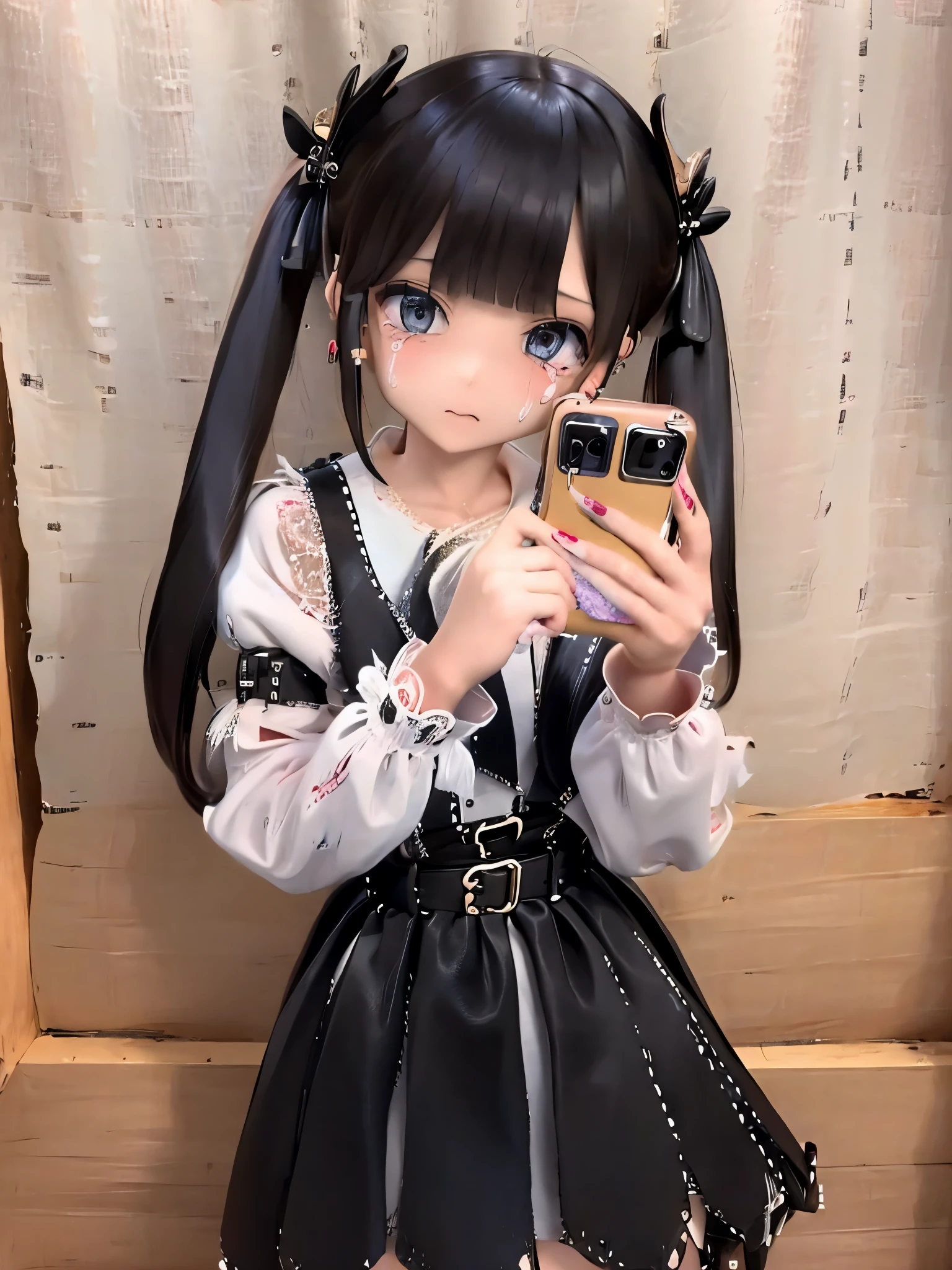 Masterpiece, best quality, high quality, ultra detailed, cowboy shot, 1girl, blunt bangs, hime cut, (((long twin-tails))), black hair, black eyes, jirai fashion, lots of earring, tearful eyes, sad, blood-stained bandage round arm, menhera, holding smartphone, send you large number of messages