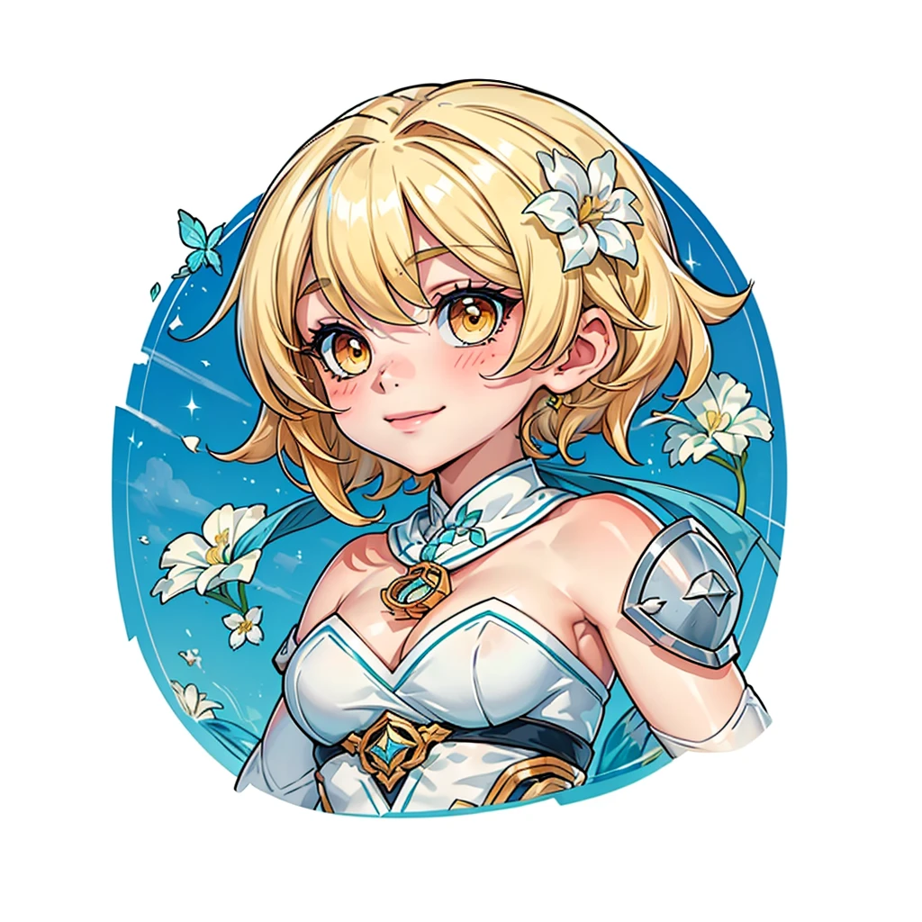 ((1girl, lumine, blonde hair, flower on hair, white background)), upper body, anatomically correct, short hair, chibi, simple background, smile, cleavage,