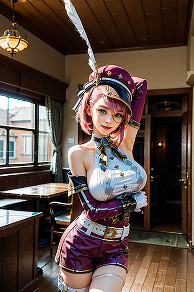 (1girl),(cowboy shot),hat, pink hair, gloves, bare shoulders, belt, green eyes,thigh strap, detached sleeves, white shirt, monocle, short hair, jewelry,ribbon, hat feather,breasts, legs up,bare shoulders, (smile:0.8),upper body, indoors, european town, european style houses, noon, (large breasts),pose, Arms above head pose,studio lighting, better light,