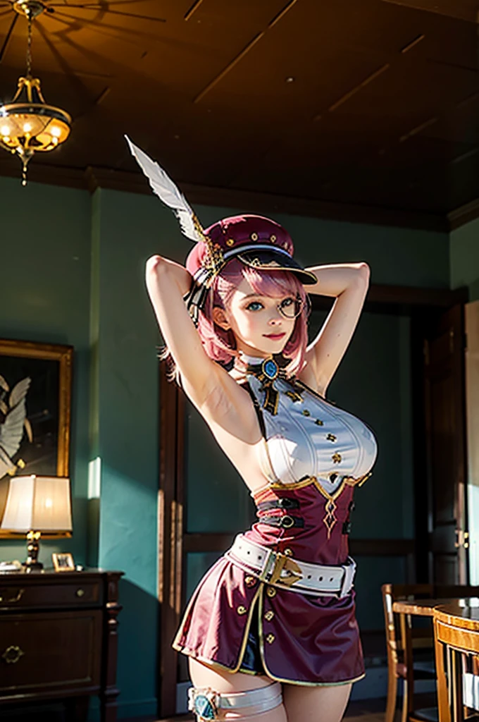 (1girl),(cowboy shot),hat, pink hair, gloves, bare shoulders, belt, green eyes,thigh strap, detached sleeves, white shirt, monocle, short hair, jewelry,ribbon, hat feather,breasts, legs up,bare shoulders, (smile:0.8),upper body, indoors, european town, european style houses, noon, (large breasts),pose, Arms above head pose,studio lighting, better light,