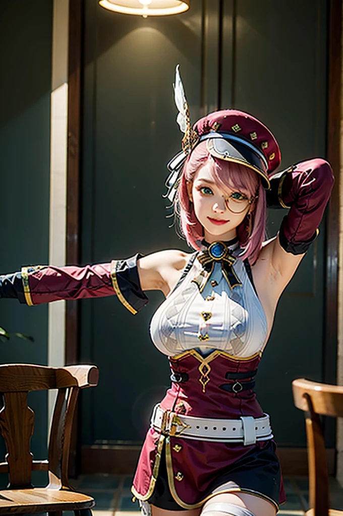 (1girl),(cowboy shot),hat, pink hair, gloves, bare shoulders, belt, green eyes,thigh strap, detached sleeves, white shirt, monocle, short hair, jewelry,ribbon, hat feather,breasts, legs up,bare shoulders, (smile:0.8),upper body, indoors, european town, european style houses, noon, (large breasts),pose, Arms above head pose,studio lighting, better light,