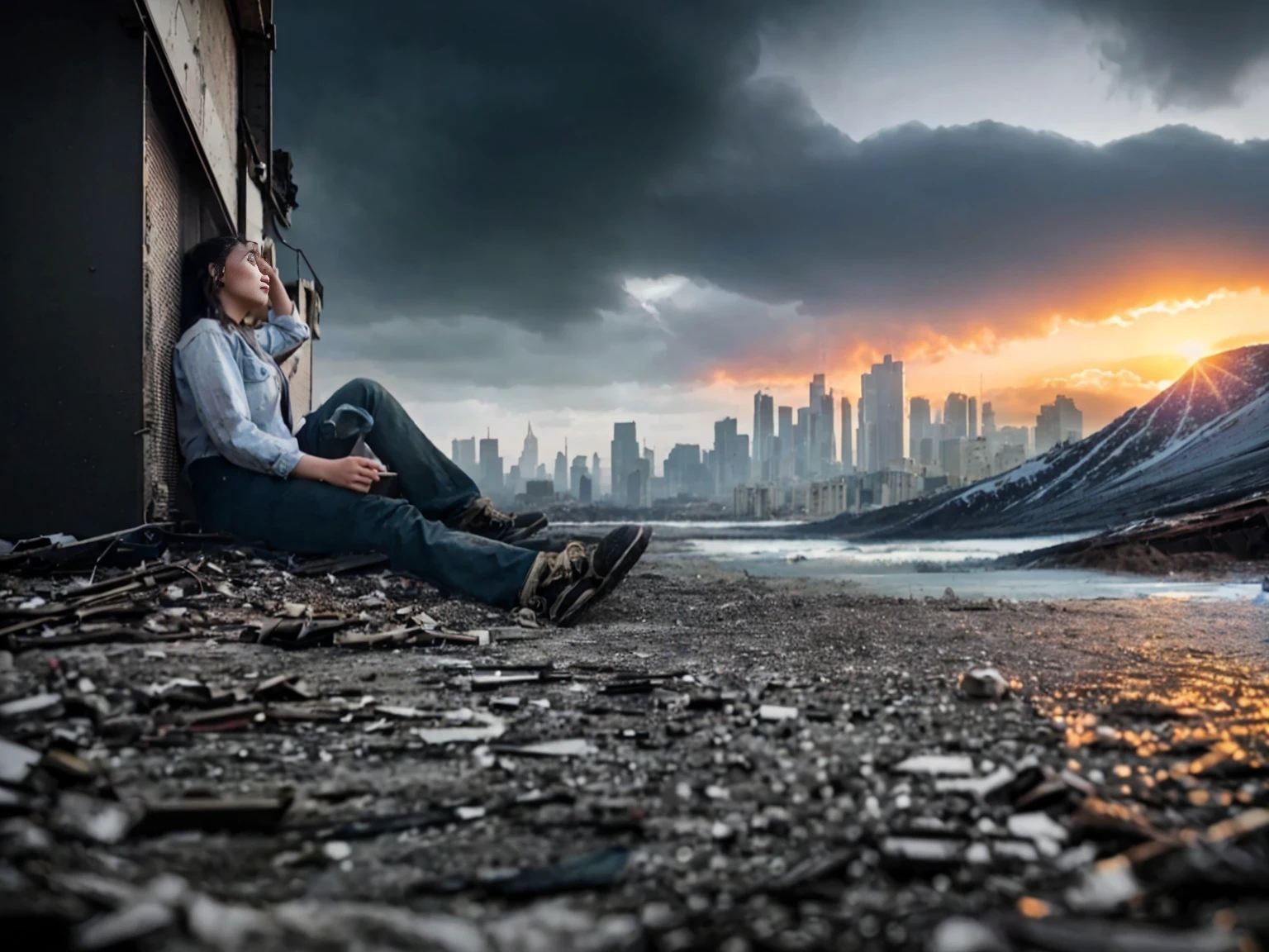 high quality, best quality, photo-realistic, raw-photo, ultra-detailed, High definition, masterpiece, intricate details, detailed texture, finely detailed, a woman sitting on the ground in front of a city, photo - manipulation, post apocalyptic view, creative photo manipulation, in a post apocalyptic setting, dystopin future, in a post-apocalyptic wasteland, surreal photography,
