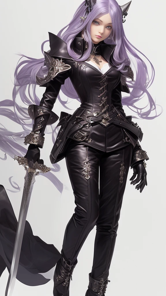 Illustrating Marionne, the demon huntress, She has long wavy lilac violet hair and gray eyesclad in a form-fitting black leather outfit, comprising a wine leather trench coat, a snug red corset embellished with belts and chains, coordinated pants, long leather boots for added defense and a gothic flair, wielding a large sword with a skull-adorned guard and a realistically styled hilt, against a dark backdrop to enhance the mysterious aura, Illustration, digital art with intricate textures, --ar 16:9 --v 5 in