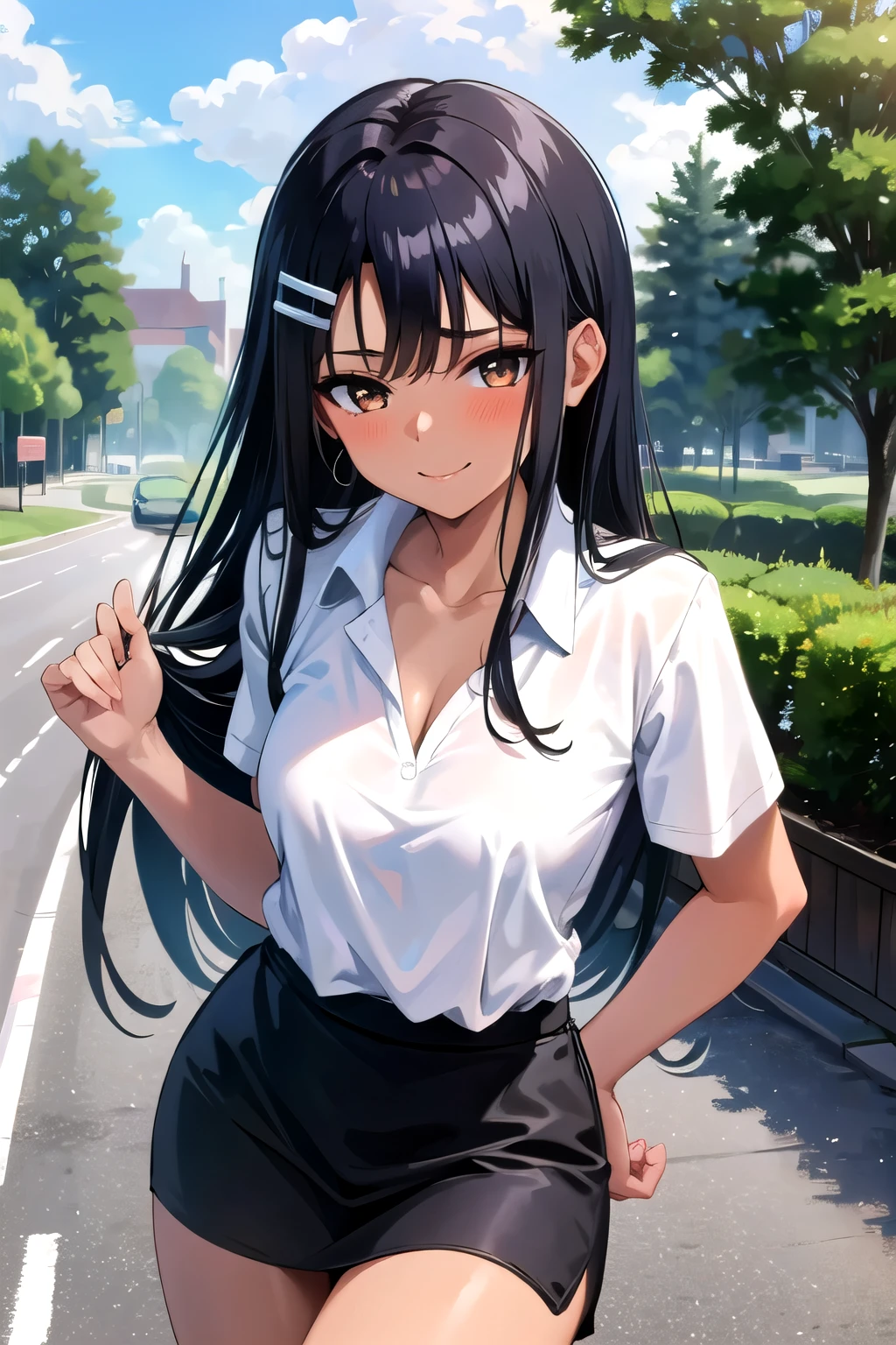 ((best quality)), ((masterpiece)), (details), one girl, sexy ((best quality)), ((masterpiece)), (details), one girl, sexy ((best quality)), ((masterpiece)), (details), one girl, full body, sexy expensive body, expensive, long legs, mature woman, mature, adult, it_nagatoro_main, Nagatoro Hayase, one girl, blushing, alone, uniform white polo shirt, black hair, brown eyes, hair accessory, looking at viewer, hair clip, smiling, long hair, dark skinned woman, dark skin, , bangs, daytime, skirt, collared shirt, collarbone, ear clip, mouth closed, tree, asymmetrical bangs, upper body