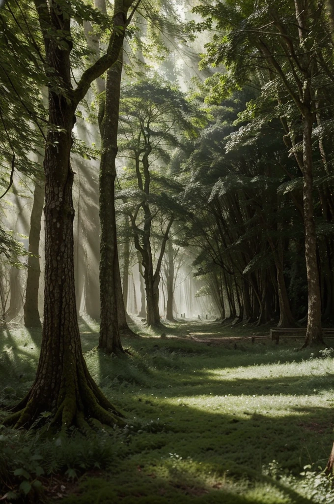 In the heart of the ancient forests of Elaria, the air is thick with magic, and the towering trees create a serene, mystical atmosphere. Sunlight filters through the dense canopy, casting dappled shadows on the moss-covered ground. The air is filled with the songs of birds and the rustling of leaves.