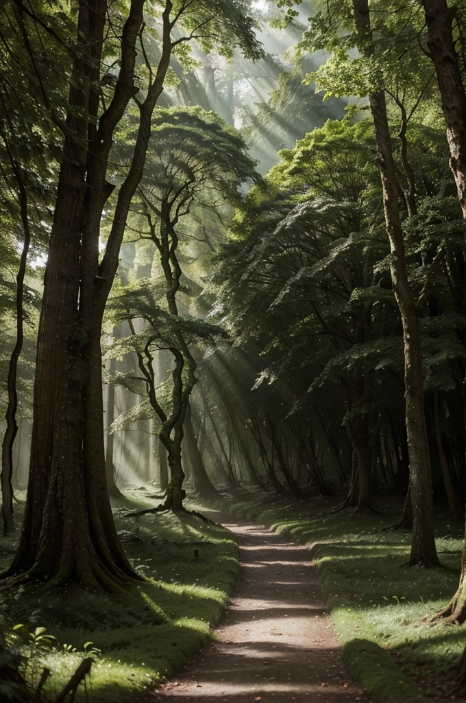 In the heart of the ancient forests of Elaria, the air is thick with magic, and the towering trees create a serene, mystical atmosphere. Sunlight filters through the dense canopy, casting dappled shadows on the moss-covered ground. The air is filled with the songs of birds and the rustling of leaves.
