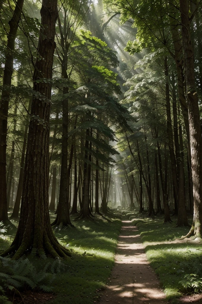In the heart of the ancient forests of Elaria, the air is thick with magic, and the towering trees create a serene, mystical atmosphere. Sunlight filters through the dense canopy, casting dappled shadows on the moss-covered ground. The air is filled with the songs of birds and the rustling of leaves.