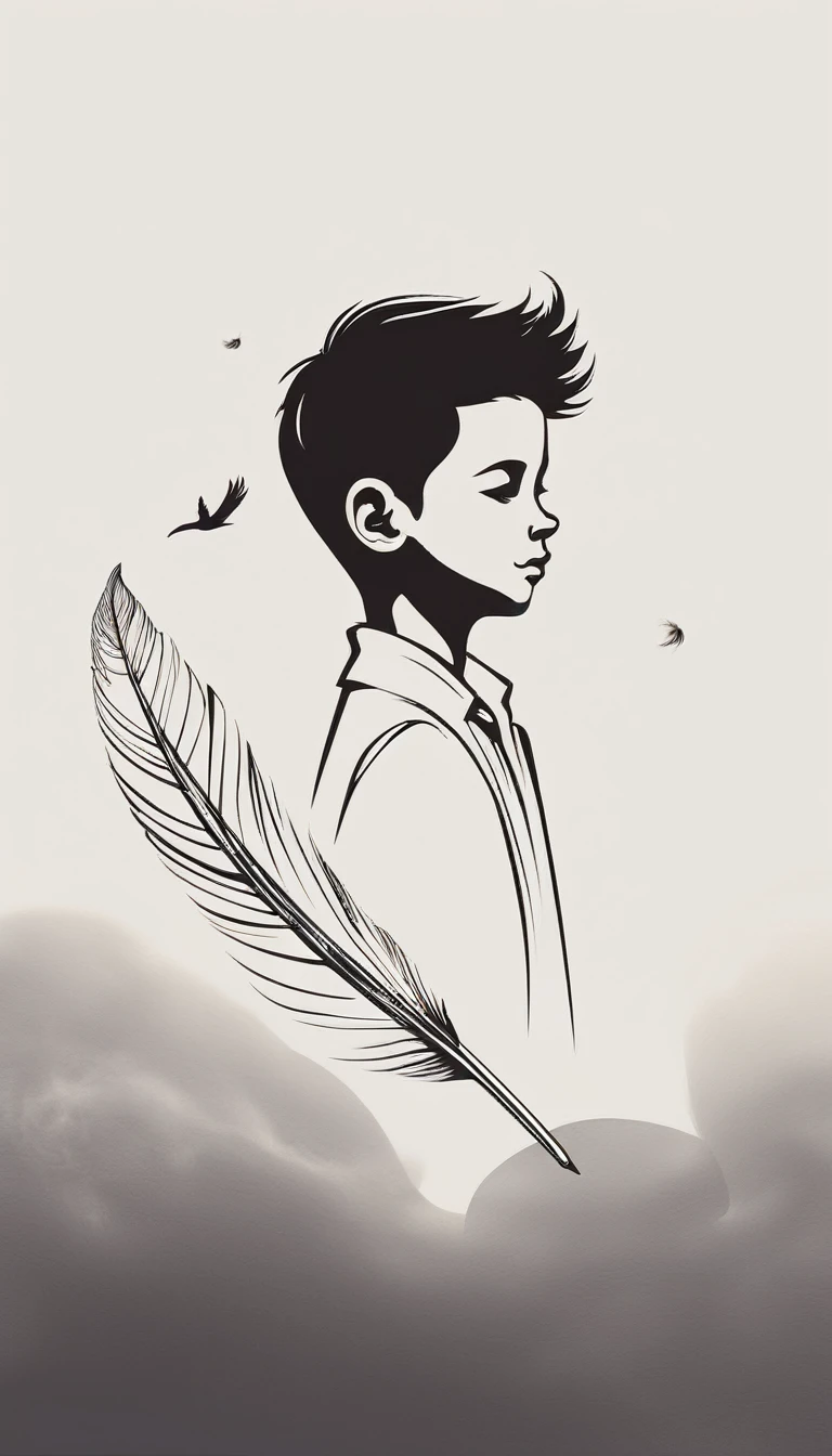 A minimalist, fantastic, poetic, dreamy, captivating, memorable, masterpiece, modern, simple logo design of a boy and a feather for the brand “Penamemoria". The logo must convey a sense of music, stories and dreams. Minimalistic logo design of a boy and a feather.