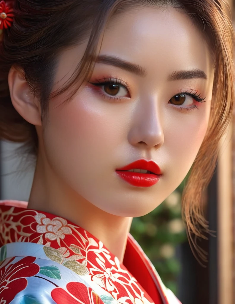 ((portrait)), (Highest resolution),(the most absurd quality),(masterpiece),(sharp focus),(最high quality),(photorealistic),(hyper realistic), (1girl:1.37), 17 year old supermodel, high school girl, japanese girl, ((The background is a townhouse in Kyoto:1.15)), ((stand:1.37)), close up of face, nose focus, Depth of the bounds written, (((flower pattern yukata:1.37))), ((put a lemon on your cheek)), (Improvement of quality:1.4), (bright colors), (very beautiful facial details), (Highest quality realistic skin texture:1.4), (perfect anatomy:1.2), stand facing forward, precise fingers, Super detailed, symmetrical eyes, look up at the audience, my cheeks are red, natural makeup, red lipstick, ((A good eye for quality:1.2)), (tired, sleepy and satisfied:0.0), (fine lips:1.33), (fine nose:1.2), ((Physically based rendering of the background:1.37)), (slender body), (flat chest:1.2), (slim lower body), brown hair, (medium hair:1.37), pout, Soft blue light hits your face and body, epic and emotional movie lighting,