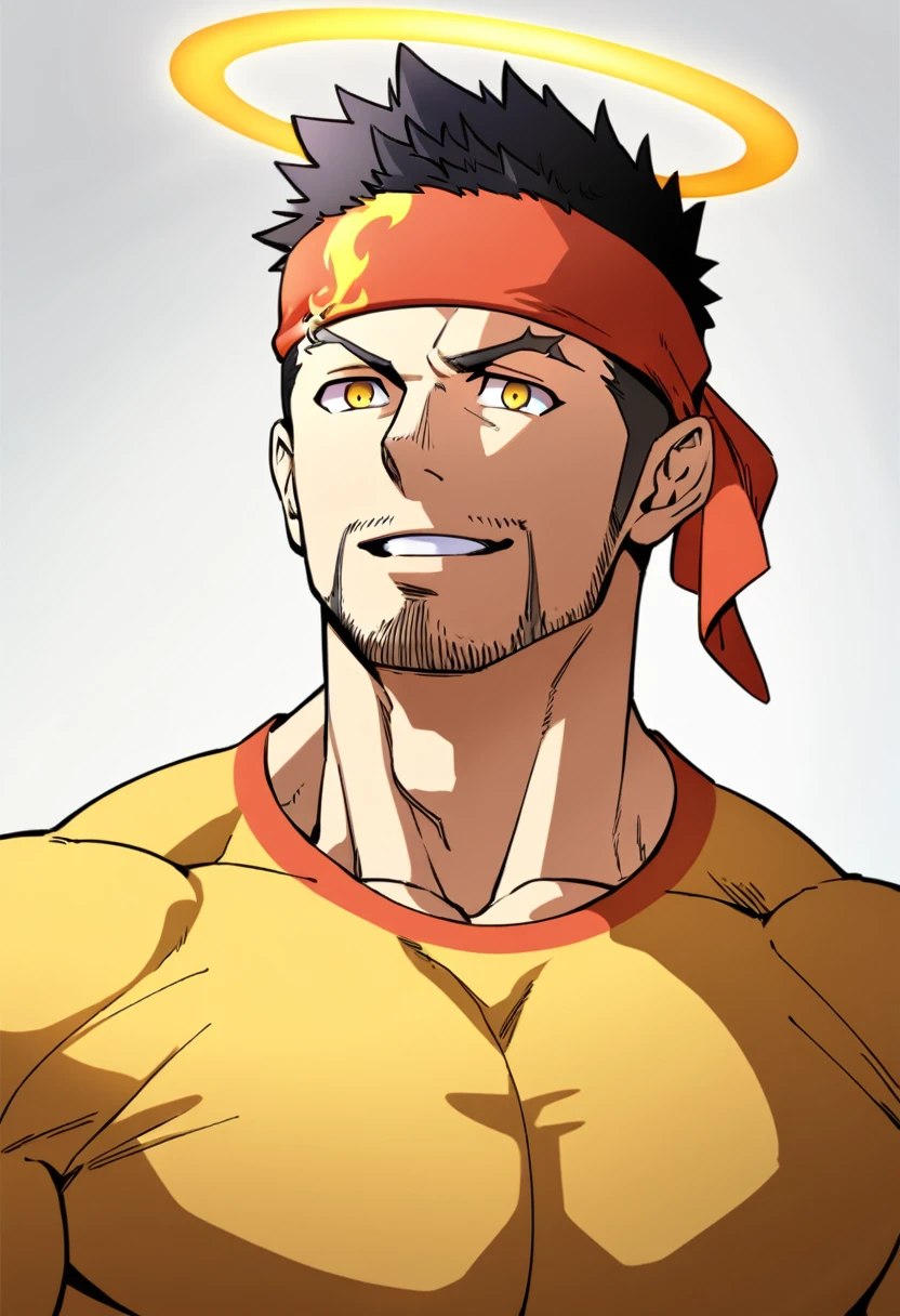anime characters:Gyee, priapus, 1 young muscular man, male focus, Flame tattoo, sports Red headband, Dark yellow spandex tight T-shirt, Very tight, Slightly transparent, muscular male, muscular, Round, firm and full chest muscles, only, Upper body, alone, Black short hair, Thick eyebrows, stubble, Yellow eyes, White background, simple background, amazing quality, best aesthetics, Ridiculous, bright pupils, crew cut, naughty face, torogao, parted lips, halo, god rays, best quality
