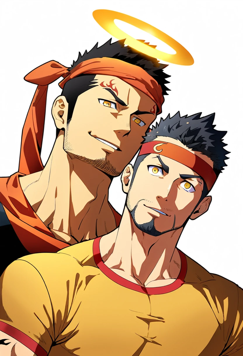 anime characters:Gyee, priapus, 1 young muscular man, male focus, Flame tattoo, sports Red headband, Dark yellow spandex tight T-shirt, Very tight, Slightly transparent, muscular male, muscular, Round, firm and full chest muscles, only, Upper body, alone, Black short hair, Thick eyebrows, stubble, Yellow eyes, White background, simple background, amazing quality, best aesthetics, Ridiculous, bright pupils, crew cut, naughty face, torogao, parted lips, halo, god rays, best quality
