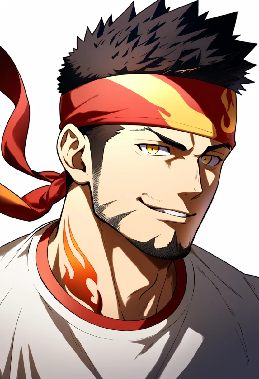 anime characters:Gyee, priapus, 1 young muscular man, male focus, Flame tattoo, sports Red headband, Creamy white spandex tight T-shirt, muscular male, muscular, only, Upper body, alone, Black short hair, stubble, Yellow eyes, White background, simple background, amazing quality, best aesthetics, Ridiculous, bright pupils, crew cut, naughty face, torogao, parted lips, best quality