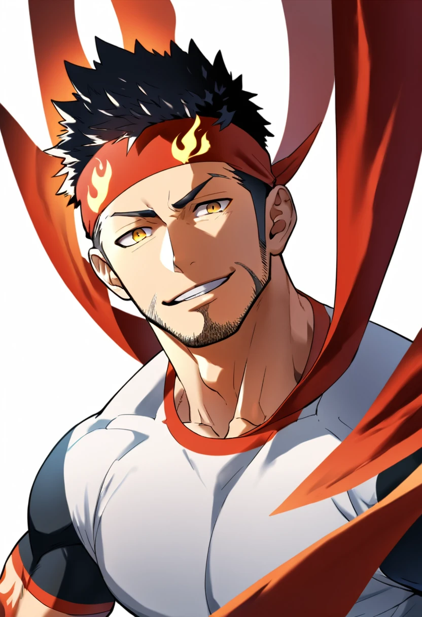 anime characters:Gyee, priapus, ung muscular man, male focus, Flame tattoo, sports Red headband, Creamy white spandex tight T-shirt, muscular male, muscular, only, Upper body, alone, Black short hair, stubble, Yellow eyes, White background, simple background, amazing quality, best aesthetics, Ridiculous, bright pupils, crew cut, naughty face, torogao, parted lips, best quality