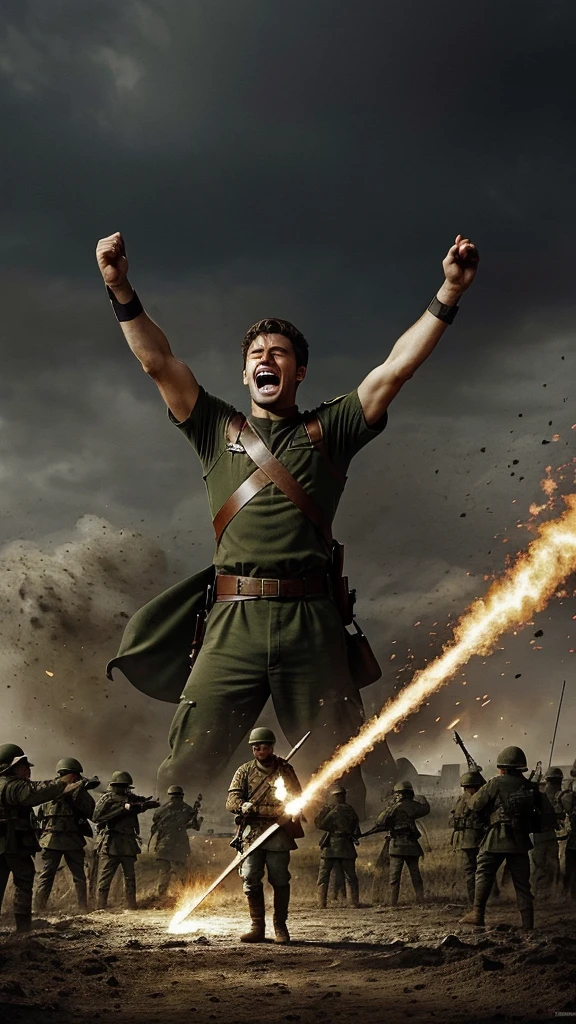 A chorus of shouts of joy rings out across the war-torn battlefield as soldiers from both sides raise their arms in celebration. In the middle of this happy chaos, Jean, the once tired soldier, se tient droit, heart overflowing with pride and relief. The magic sword, whose radiant blade is now attenuated but which still vibrates with power, repose dans sa main, symbol of victory and hope. Le regard de Jean se déplace de l'épée vers la photo en lambeaux qu'il serre dans son autre main, a treasured memory of the family he fought to protect.

Alors que les yeux de Jean croisent ceux de ses proches sur la photo, un sourire sincère se dessine sur son visage. The war that tore him from their embrace is finally over, and the path to a better future opens before him. The battlefield, once a scene of devastation, now transforms into a web of hope and renewal, painted with the vibrant hues of a newfound peace.